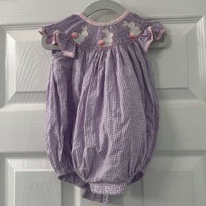 Southern Smocked - Purple gingham Easter bubble - white bunnies - pink poof tail
